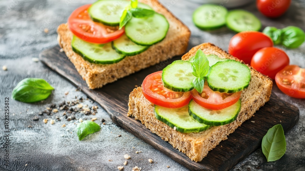 Fresh vegetable sandwiches on rustic table Fresh vegetable sandwiches on rustic table