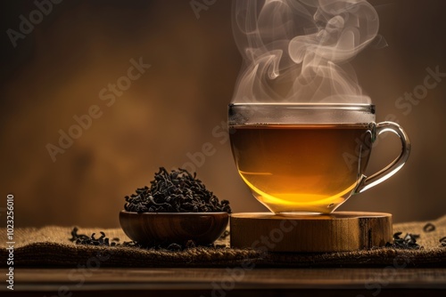 A steaming cup of herbal tea beside dry leaves on a wooden surface in soft lighting