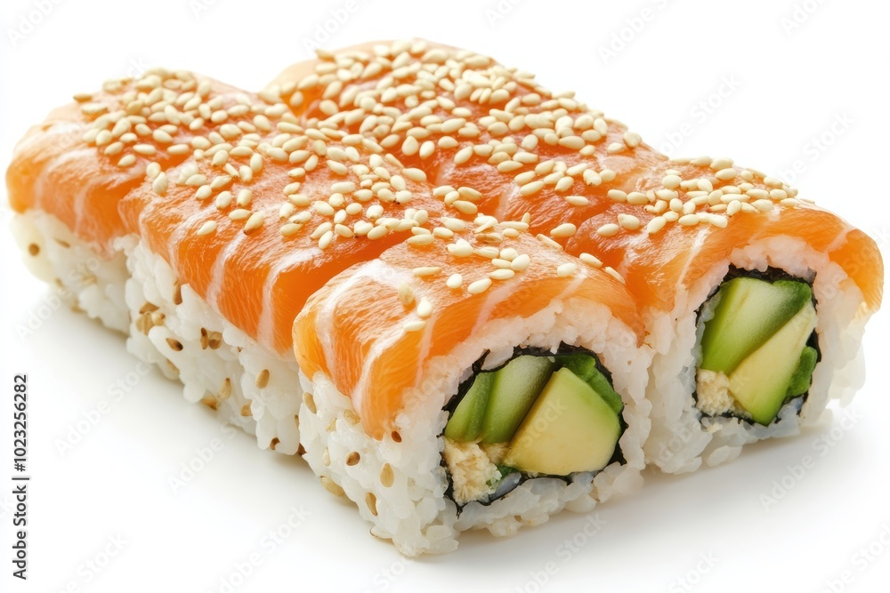 Fresh salmon sushi roll with sesame seeds cucumber Fresh salmon sushi roll with sesame seeds cucumber