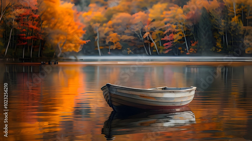 Serene Autumn Lake. Lonely Boat Amidst Fall Colors