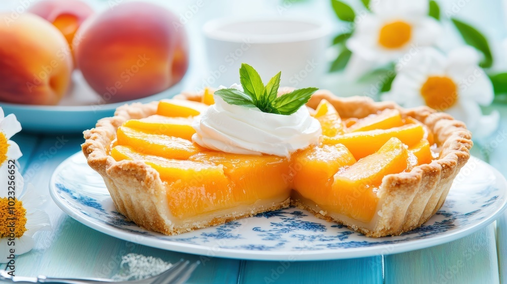 Fresh peach tart with whipped cream on summer table Fresh peach tart with whipped cream on summer table