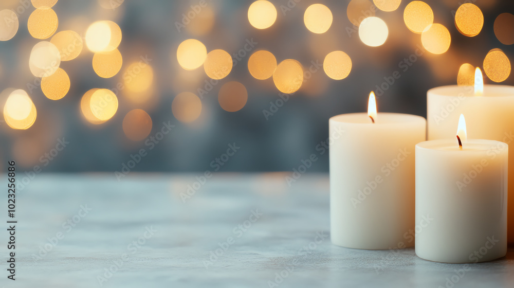 A soothing arrangement of white candles glowing softly on a blurred background of warm lights, creating a tranquil ambiance for relaxation and calmness. A soothing arrangement of white candles glowing softly on a blurred background of warm lights, creating a tranquil ambiance for relaxation and calmness.