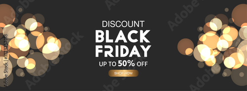Black Friday banner with bokeh effect. Modern Black Friday background design golden luxury decor. Black Friday typography illustration on black background. Black Friday sale banner design template