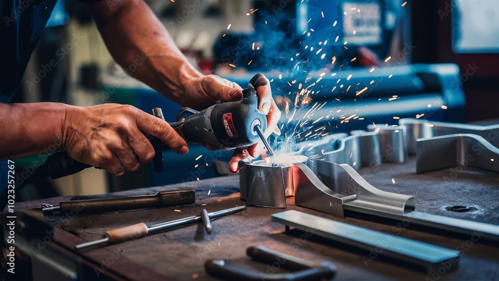 Welding a Custom Metal Project in a Busy Workshop Welding a Custom Metal Project in a Busy Workshop