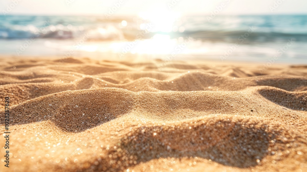 Golden sandy beach at sunset with soft waves gently lapping against the shore during a peaceful evening Golden sandy beach at sunset with soft waves gently lapping against the shore during a peaceful evening