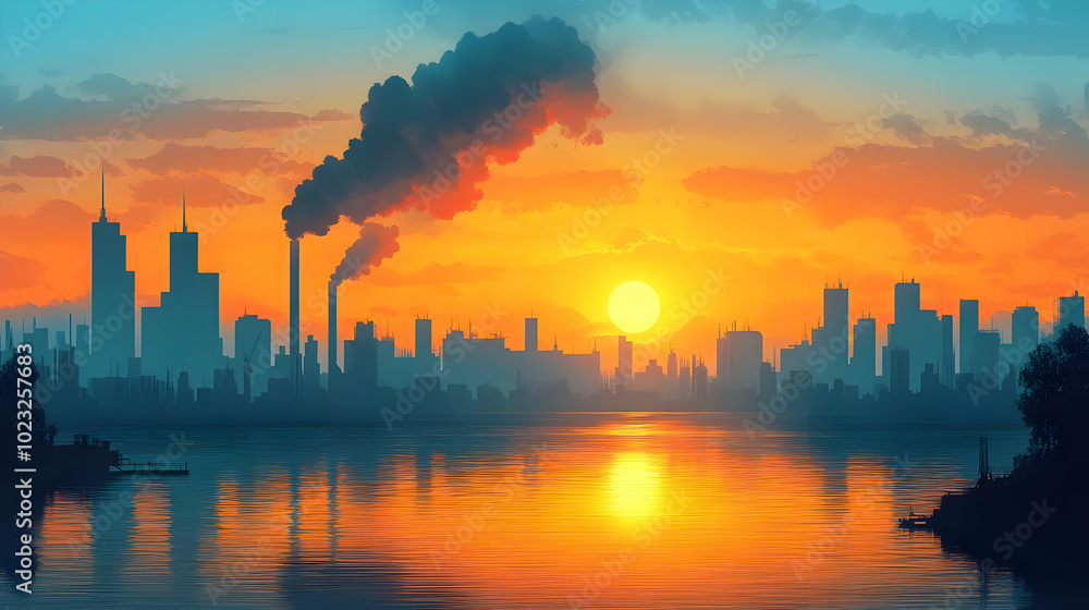 A Silhouette of a Cityscape with a Smoke Plume Rising From a Tall Factory Chimney at Sunset, Overlooking a Calm Water Surface, Reflecting the Golden Hour A Silhouette of a Cityscape with a Smoke Plume Rising From a Tall Factory Chimney at Sunset, Overlooking a Calm Water Surface, Reflecting the Golden Hour