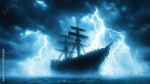 dramatic scene of ghostly ship sailing through stormy sea, surrounded by dark clouds and striking lightning. eerie atmosphere evokes sense of mystery and adventure
