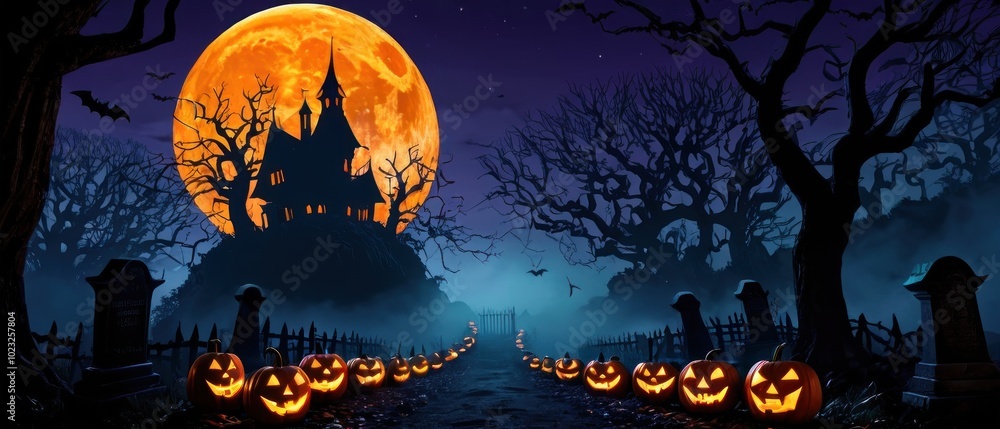Fototapeta premium Eerie Halloween scene featuring illuminated jack-o'-lanterns on a path under a haunting full moon, surrounded by dark, bare trees. Perfect for creating a spooky atmosphere.
