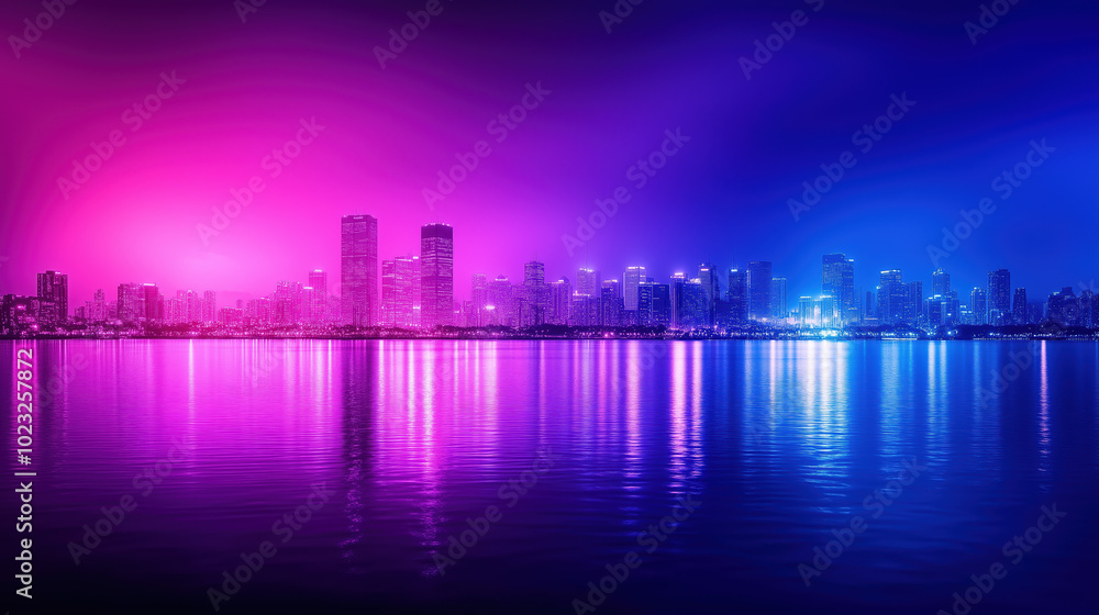 vibrant city skyline at night, illuminated by pink and purple lights reflecting on water. scene evokes sense of energy and modernity, showcasing beauty of urban life vibrant city skyline at night, illuminated by pink and purple lights reflecting on water. scene evokes sense of energy and modernity, showcasing beauty of urban life
