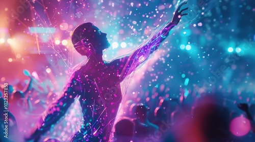 A side view of a holographic human figure set against a dot technology backdrop, featuring intricate wires linking the body to the head.