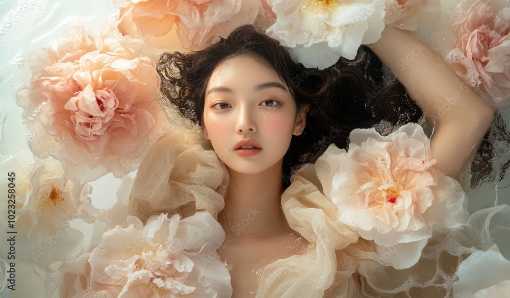 Tranquil and harmonious image of a woman surrounded by vibrant blossoms, symbolizing balance between human and nature, and journey of renewal and personal transformation. Tranquil and harmonious image of a woman surrounded by vibrant blossoms, symbolizing balance between human and nature, and journey of renewal and personal transformation.
