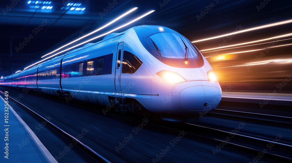 Naklejka premium high speed train in motion at night, showcasing dynamic lighting and speed. sleek design and illuminated surroundings create sense of modernity and excitement
