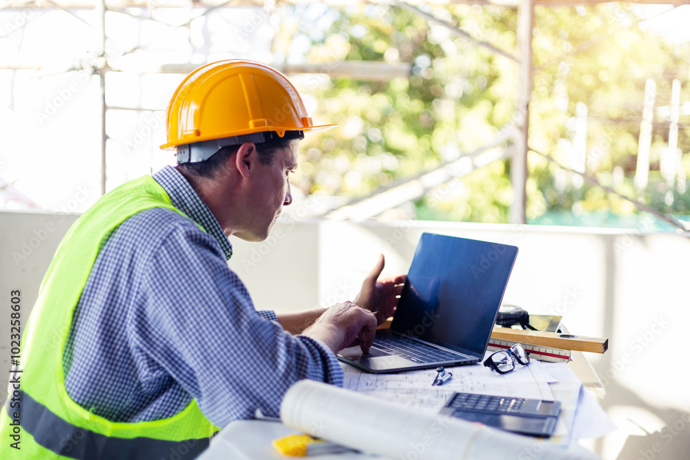 Caucasian Male architect engineer construction worker using computer laptop working on blueprint design plan using pencil tool analyzing design innovation building landscape housing architecture. Caucasian Male architect engineer construction worker using computer laptop working on blueprint design plan using pencil tool analyzing design innovation building landscape housing architecture.