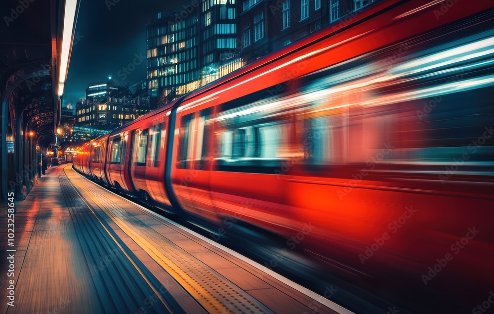A subway train streaks through the cityscape in a long exposure image, reflecting dynamic movement and contemporary transit. A subway train streaks through the cityscape in a long exposure image, reflecting dynamic movement and contemporary transit.