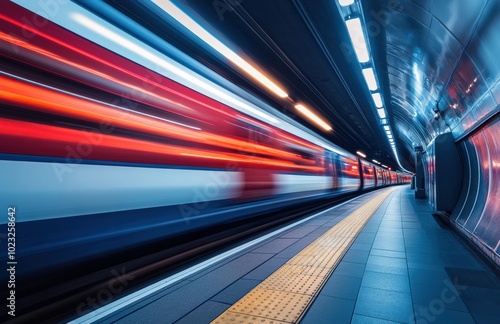 A fast-moving subway train captured with a long exposure, creating dynamic light trails and a sense of speed. The image emphasizes urban motion and modern transportation.