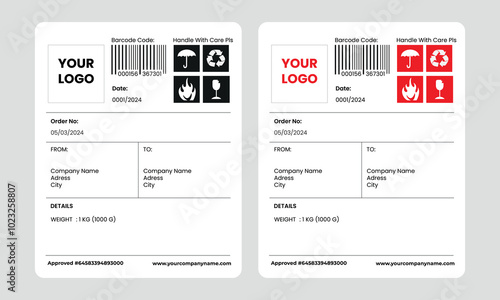 Barcode Label Delivery Template, Cargo Icons, Fragile, Recycle, Stickers. Shipping label barcode template vector