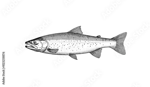 Fish sketch salmon trout. Vintage retro print, black white salmon trout fish sketch ink pencil style drawing, linear drawing, engrave old school. Sketch artwork salmon trout fish. Illustration photo