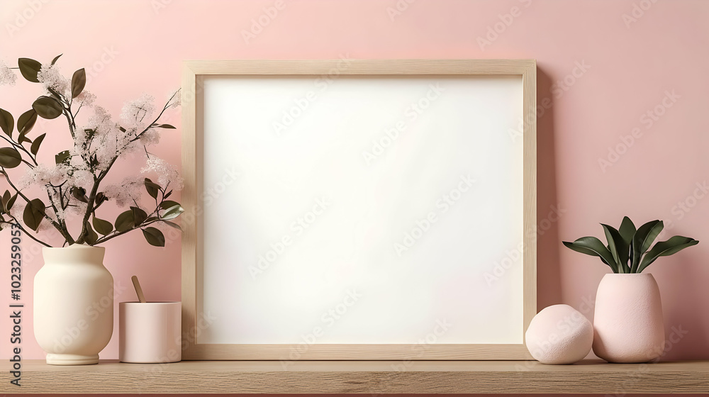 Blank Canvas Mockup with White Frame on Pink Wall with Minimalist Decor Blank Canvas Mockup with White Frame on Pink Wall with Minimalist Decor