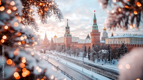 Moscow Kremlin and frosty train window view