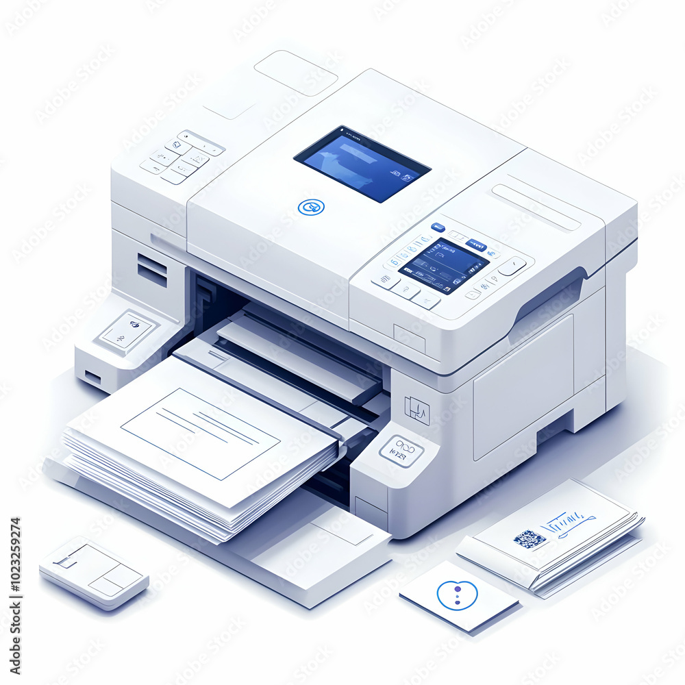 Vector Image of Isolated Printer and Stack of Paper on White Background - Essential Office Equipment for Home Setup | Adobe Stock Vector Image of Isolated Printer and Stack of Paper on White Background - Essential Office Equipment for Home Setup | Adobe Stock