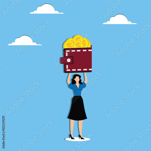 Businesswoman shows a wallet full of coins