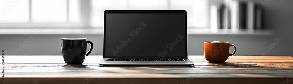 Laptop and Coffee Mug Isolated Concept - Sleek Vector Image of a Productivity-Focused Home Office Setup on White Background Laptop and Coffee Mug Isolated Concept - Sleek Vector Image of a Productivity-Focused Home Office Setup on White Background