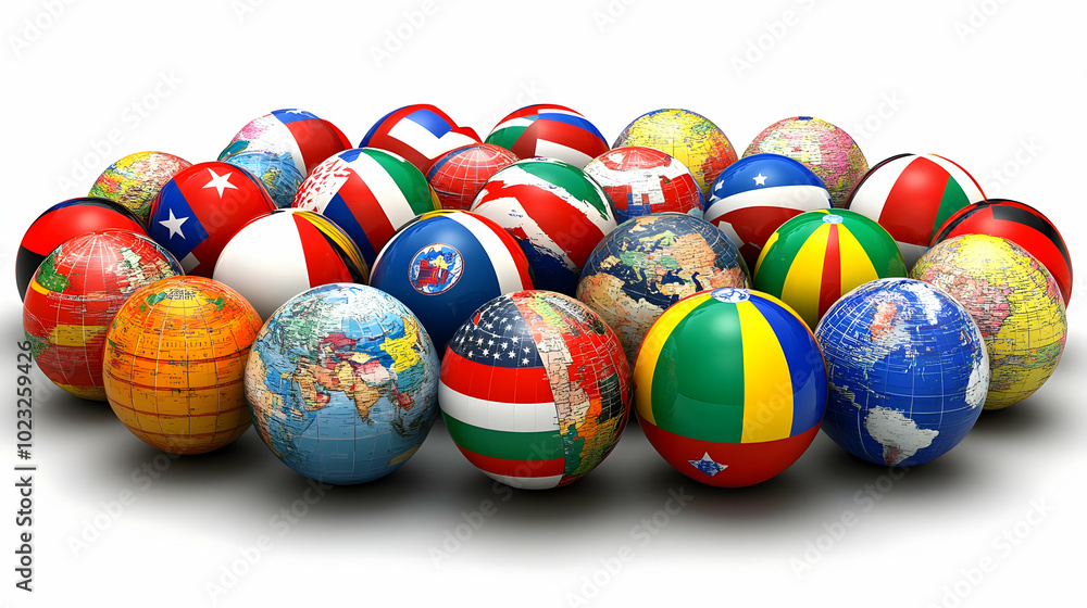 Fototapeta premium 3D Render of Globes with World Flags Representing International Cooperation and Global Unity