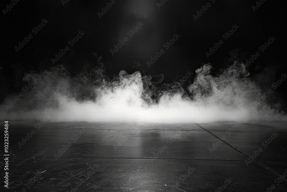 A misty floor in a dimly lit performance space creates an atmospheric scene for dancers to showcase their artistry A misty floor in a dimly lit performance space creates an atmospheric scene for dancers to showcase their artistry