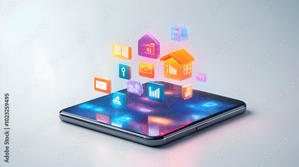 3D Mobile Phone Icon Featuring Glossy Holographic Home Office and Connectivity Icons � Centered on White Background for Emphasizing Digital Communication and Home Office Connectivity 3D Mobile Phone Icon Featuring Glossy Holographic Home Office and Connectivity Icons � Centered on White Background for Emphasizing Digital Communication and Home Office Connectivity