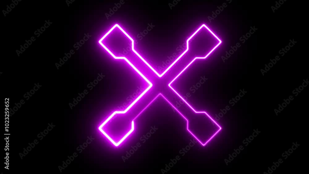 neon Glowing Purple Crossed Tools Icon on Dark Background neon Glowing Purple Crossed Tools Icon on Dark Background