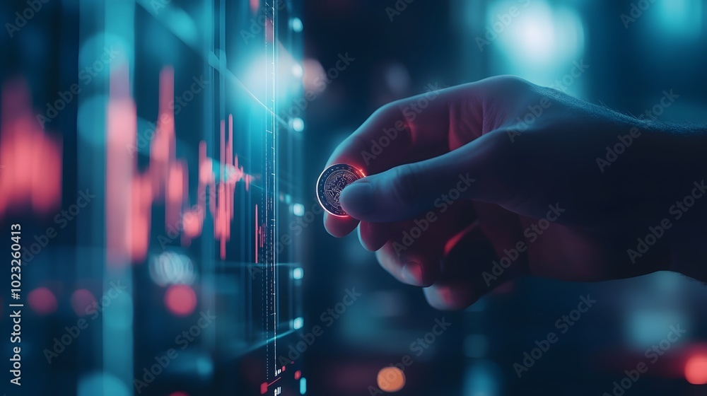 A close-up of a hand clenching a digital coin with stock market graphs fluctuating in the distance A close-up of a hand clenching a digital coin with stock market graphs fluctuating in the distance