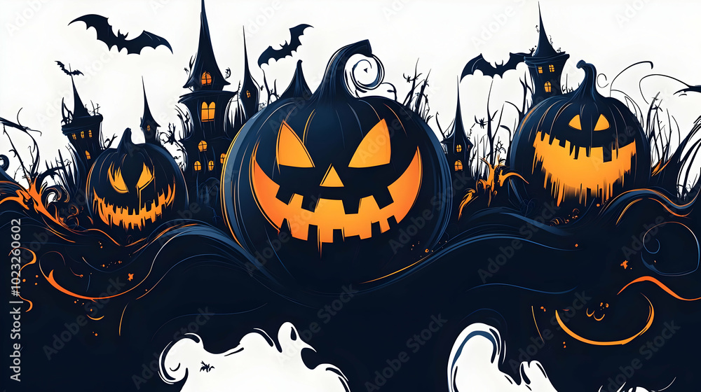 Spooky Halloween Illustration with Jack-o'-Lanterns and Haunted Houses Against a Dark Background Spooky Halloween Illustration with Jack-o'-Lanterns and Haunted Houses Against a Dark Background