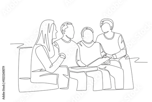 Parents and teenage children looking at photo albums. Photo album concept one-line drawing