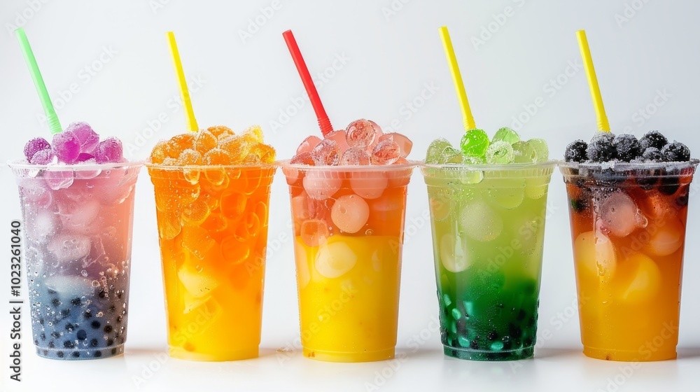 Colorful beverages with various fruity toppings served in clear cups on a white background Colorful beverages with various fruity toppings served in clear cups on a white background