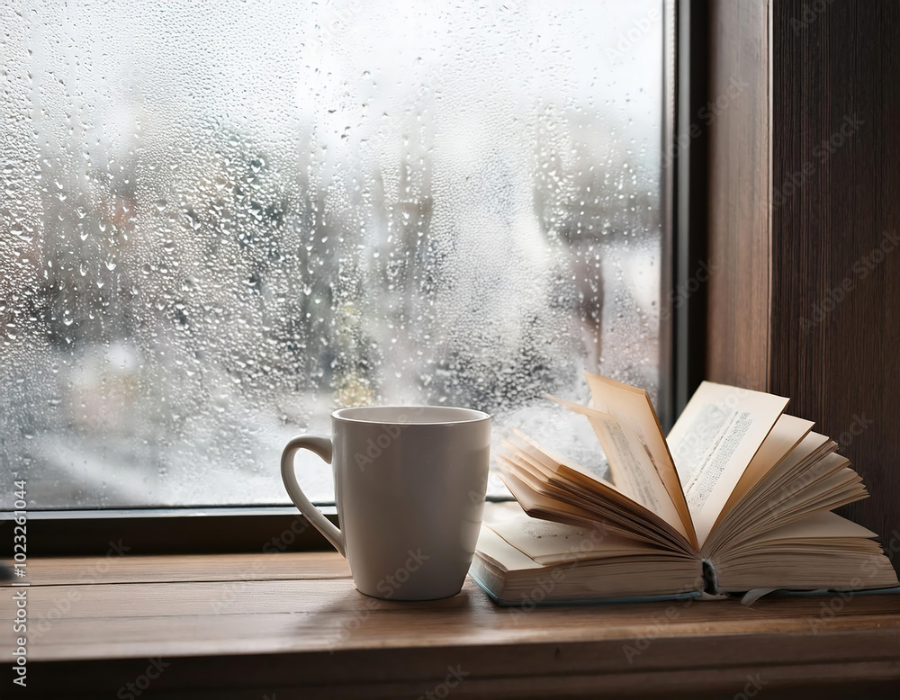 A cup of coffee and a stack of books sit on the windowsill with water drops on the window, offering a view of a snowy garden outside during winter. A cup of coffee and a stack of books sit on the windowsill with water drops on the window, offering a view of a snowy garden outside during winter.