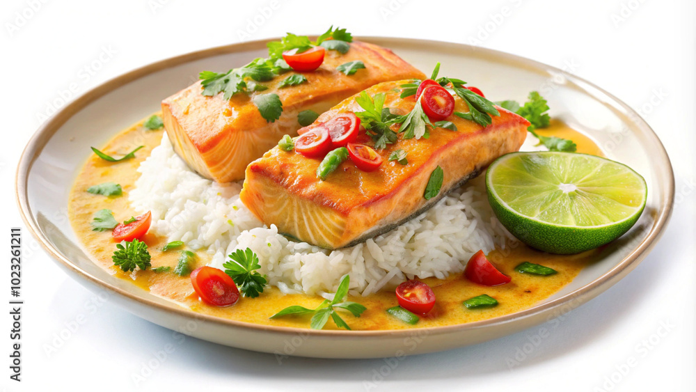Tasty healthy and nutritious seafood Coconut curry salmon on white background Tasty healthy and nutritious seafood Coconut curry salmon on white background