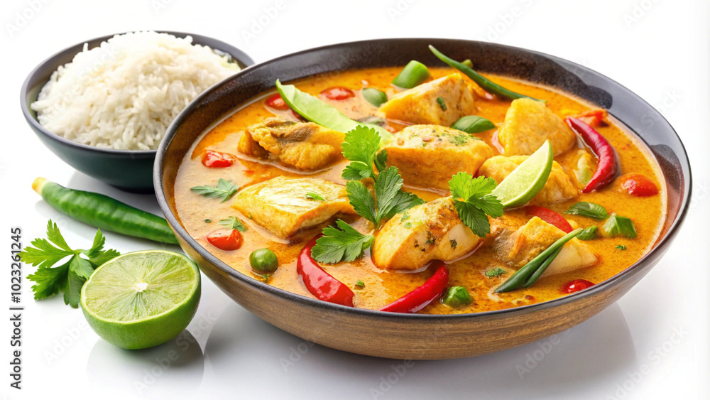 Tasty healthy and nutritious seafood Coconut fish curry on white or transparent background Tasty healthy and nutritious seafood Coconut fish curry on white or transparent background