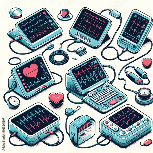 ECG (Electrocardiogram) Machine set vector illustration