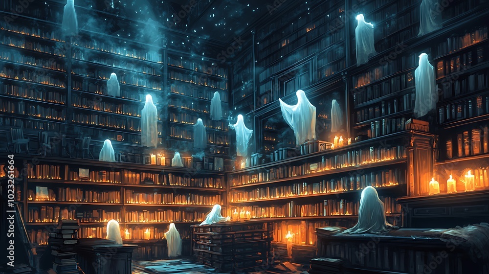A spooky cartoon-style library filled with towering bookshelves and floating books. Flickering candles illuminate the scene, casting long shadows on the walls, A spooky cartoon-style library filled with towering bookshelves and floating books. Flickering candles illuminate the scene, casting long shadows on the walls,