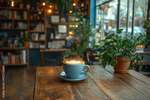 cozy coffee shop scene a wellarranged shelf with books and plants a rustic table with coffee cups dreamy bokeh effect in the background adds warmth and charm to the atmosphere