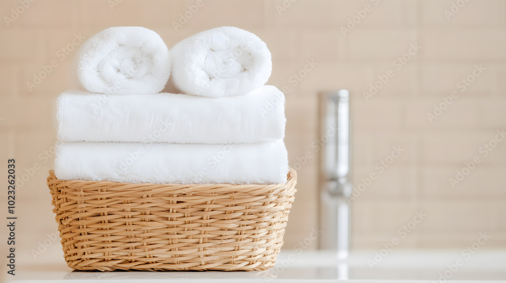 Neatly Arranged White Towels in a Woven Basket – Elegant Bathroom Decor and Organisation Neatly Arranged White Towels in a Woven Basket – Elegant Bathroom Decor and Organisation
