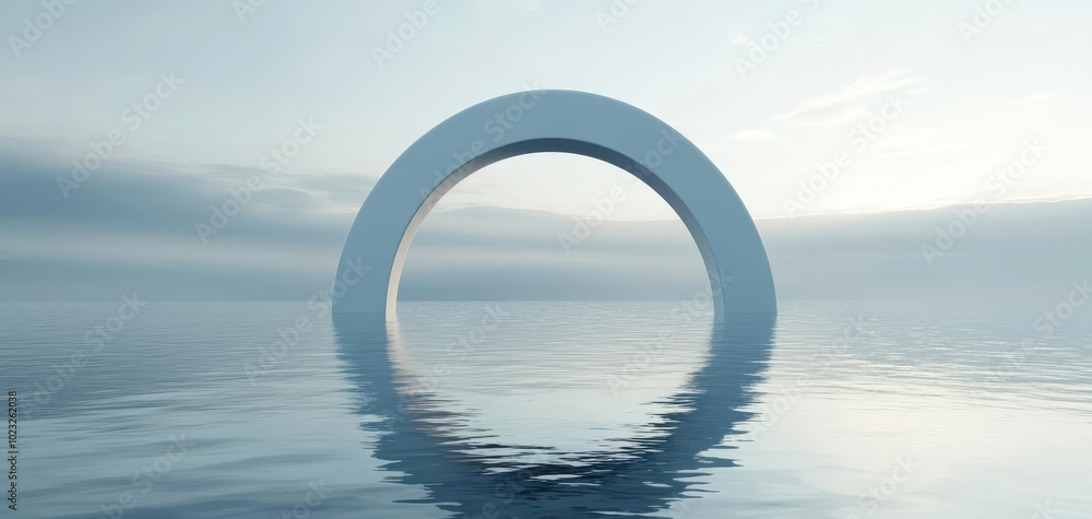 Abstract circular white structure floating on calm water, with blue sky reflection. Abstract circular white structure floating on calm water, with blue sky reflection.