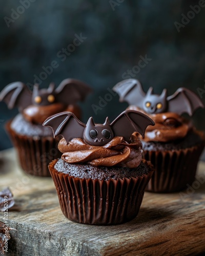 Halloween themed chocolate muffins with bat shaped chocolate cream photo