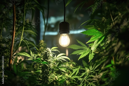 Grow Room: Cultivating Marijuana Crop with High Pressure Sodium Light Bulb photo