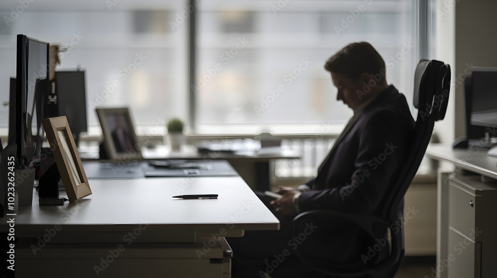 Man sitting alone in an empty office, gazing at an empty desk with a few personal items, symbolizing job loss and layoffs, conveying a sense of uncertainty and reflection. Man sitting alone in an empty office, gazing at an empty desk with a few personal items, symbolizing job loss and layoffs, conveying a sense of uncertainty and reflection.
