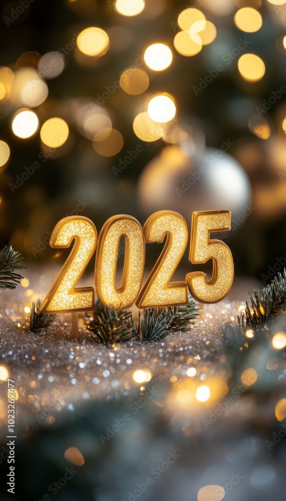 A glowing golden 2025 placed on a festive glittering surface with a background of soft blurred lights A glowing golden 2025 placed on a festive glittering surface with a background of soft blurred lights
