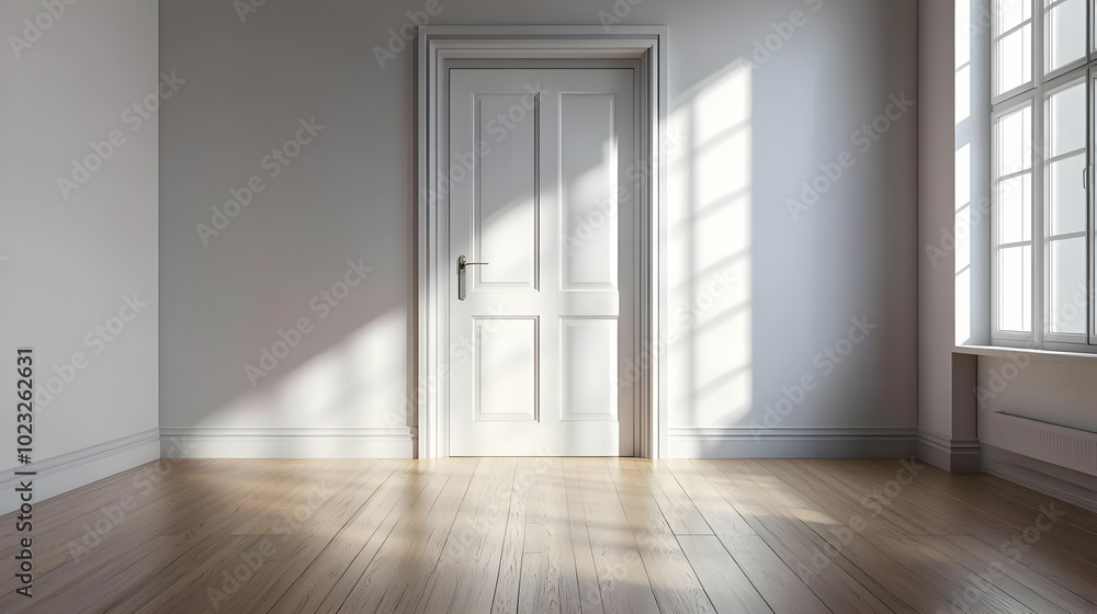 Sunlight Streaming Through a Window into an Empty Room with a White Door Sunlight Streaming Through a Window into an Empty Room with a White Door