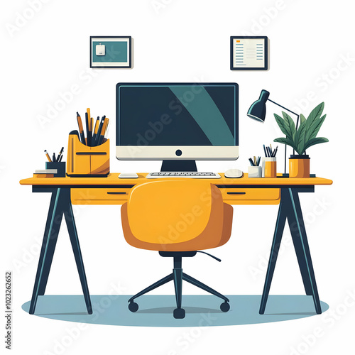 Home Office Setup with Glossy Abstract Digital Art - Creative Modern Workspace Photography for Stock Images