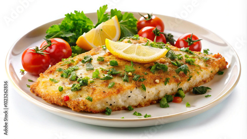 Tasty healthy and nutritious seafood Parmesan Crusted Tilapia on white or transparent background