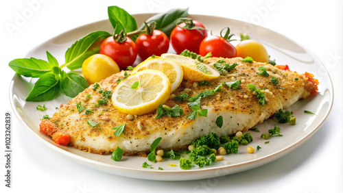 Tasty healthy and nutritious seafood Parmesan Crusted Tilapia on white or transparent background